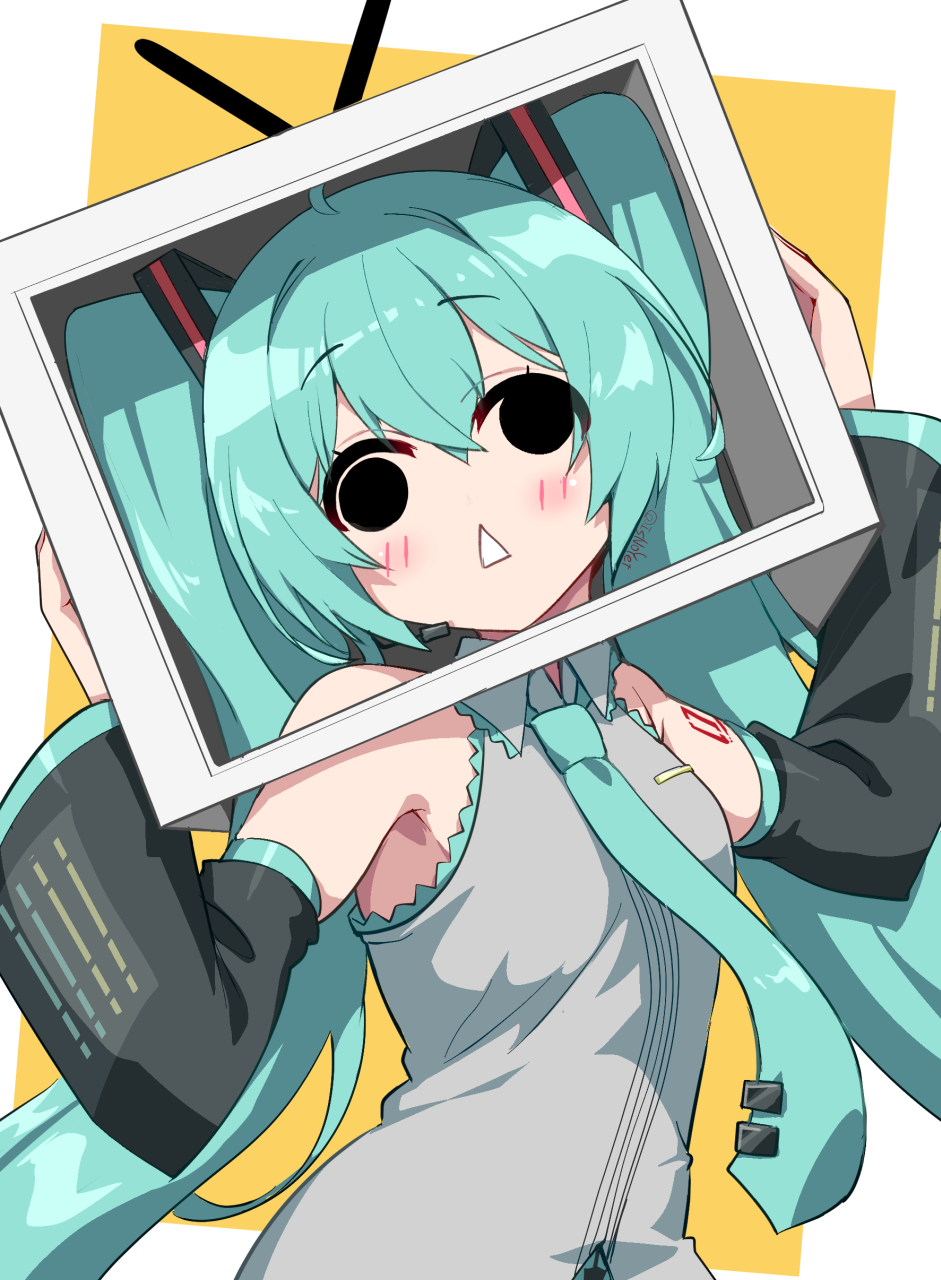 aqua_hair aqua_necktie black_eyes black_sleeves blush collared_shirt detached_sleeves hatsune_miku highres kouki_kuu looking_at_viewer necktie niconico rabbit_ears_antenna shirt simple_background tattoo television terebi-chan tie_clip triangle_mouth twintails vocaloid
