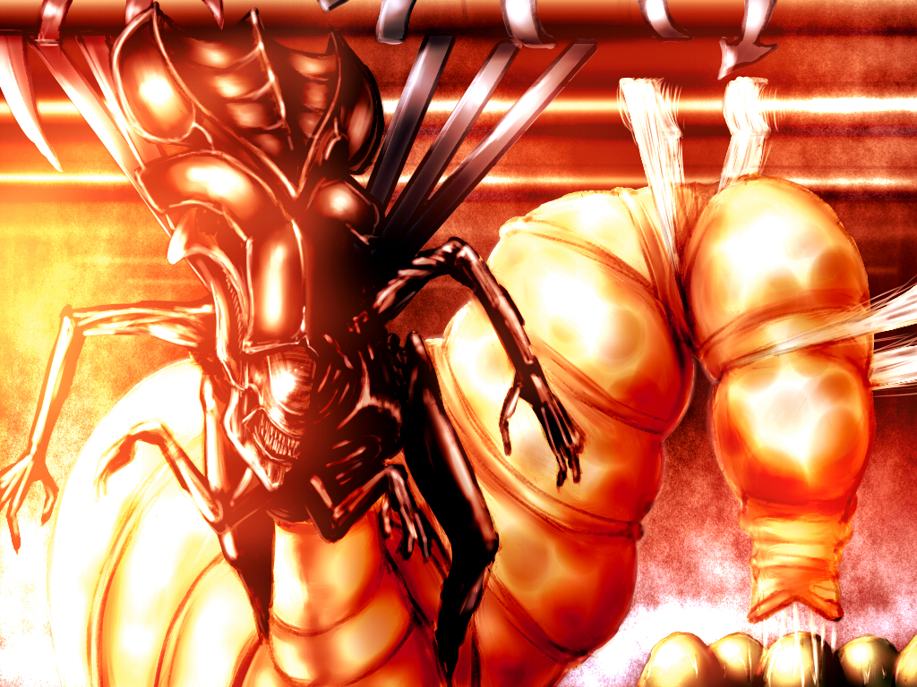 alien alien_(1979) alien_(1979) alien_(series) alien_queen asymmetrical_wings crossover egg egg_laying houjuu_nue industrial_pipe monster no_humans parody pregnant retro_artstyle shirosato slime_(substance) teeth touhou wings xenomorph