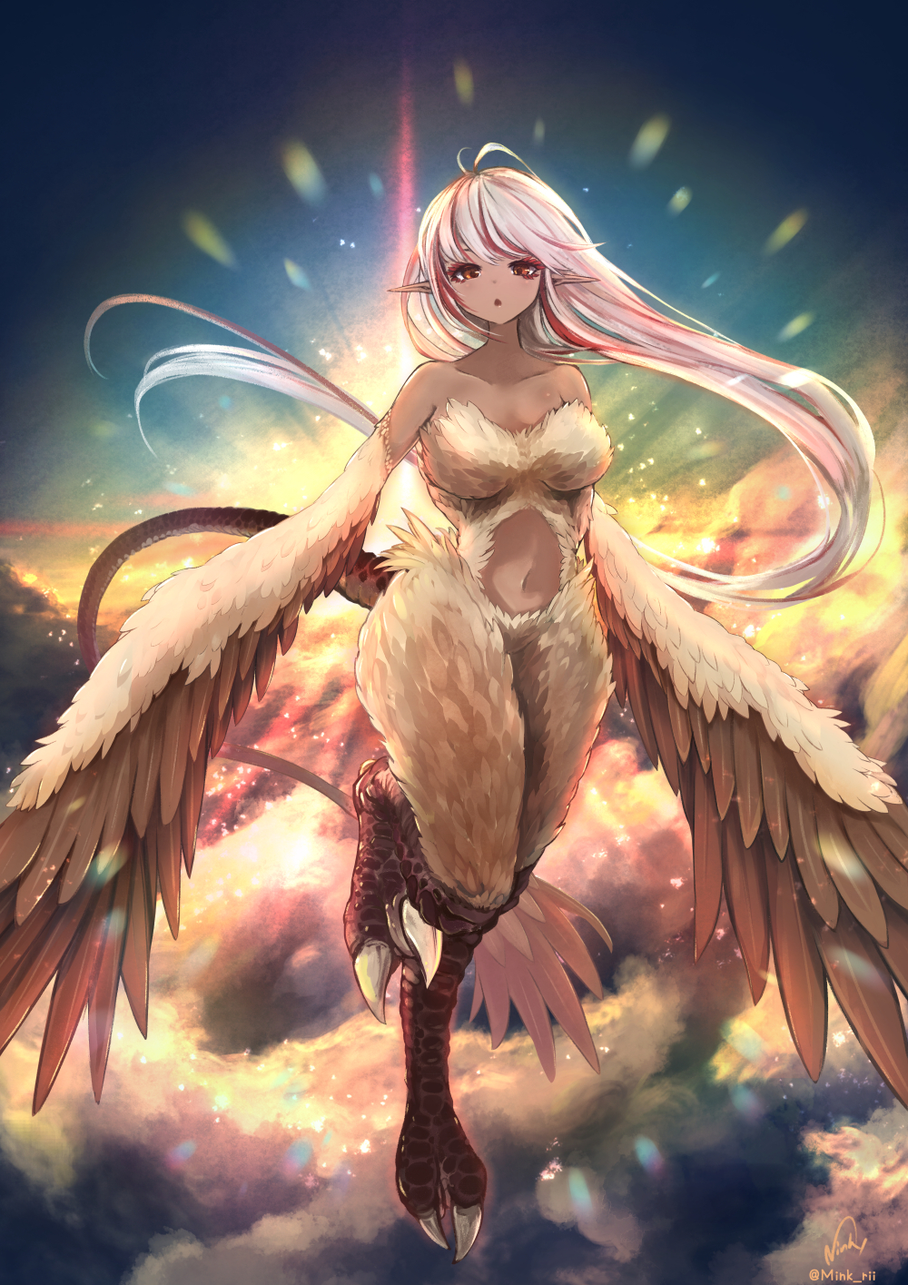1girl animal_feet bird_legs brown_wings claws cloud commentary_request feathered_wings flying full_body highres long_hair looking_at_viewer minksama multicolored_hair orange_eyes original outdoors partially_feathered_tail pointy_ears red_hair sky solo streaked_hair tail talons very_long_hair white_hair winged_arms wings