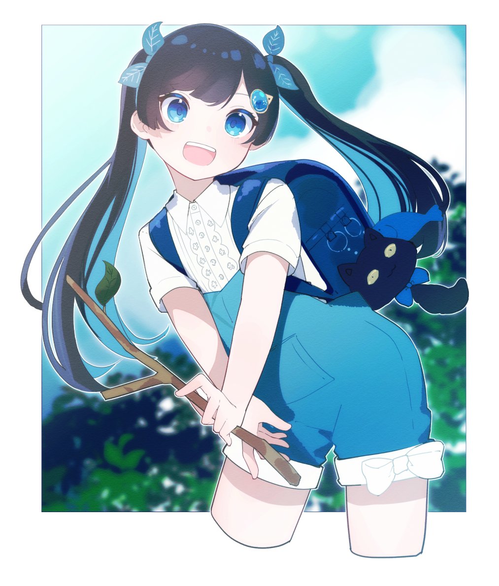 1girl aged_down animal_charm backpack bag bag_charm black_hair blue_bag blue_eyes blue_hair blue_overalls blurry blurry_background border bow branch cat_charm cevio charm_(object) cloud cloudy_sky collared_shirt colored_inner_hair commentary_request contrapposto cropped_legs fish_charm footwear_bow futaba_kominato futaba_minato hair_ornament hair_scrunchie holding holding_branch jewelry leaf long_hair looking_at_viewer mo_kiduti multicolored_hair open_mouth outside_border overall_shorts overalls randoseru scrunchie shirt short_sleeves sky smile solo swept_bangs teeth twintails upper_teeth_only white_border white_bow white_shirt