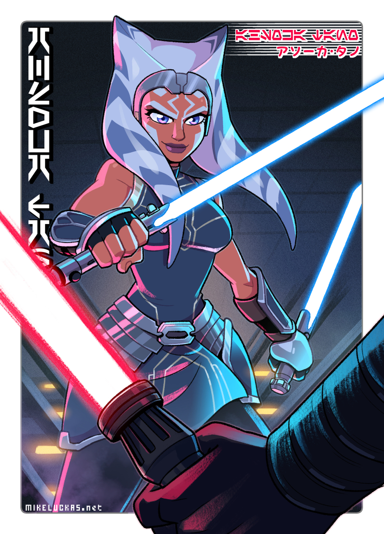 1boy 1girl ahsoka_tano alien artist_name aurebesh black_gloves black_pants blue_hair blue_lightsaber bracer colored_skin dress dual_wielding energy_sword fingerless_gloves gloves grey_dress holding holding_sword holding_weapon lekku_(anatomy) lightsaber may_the_4th mike_luckas orange_skin pants pov pov_hands red_lightsaber sleeveless sleeveless_dress star_wars sword togruta watermark weapon web_address