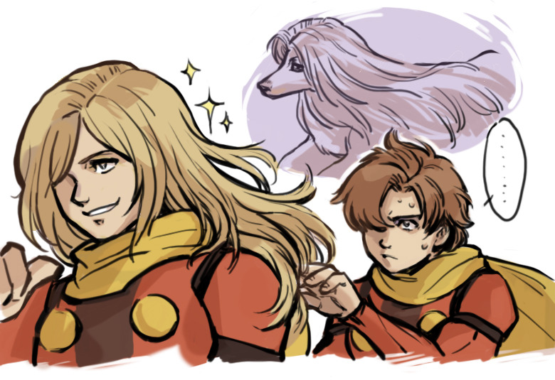 2boys afghan_hound blonde_hair brown_eyes brown_hair coat cyborg cyborg_009 friends hair_over_one_eye hand_in_another&#039;s_hair jet_link long_hair looking_at_another military_uniform multiple_boys red_coat scarf shimamura_joe short_hair soldier y3 yellow_scarf