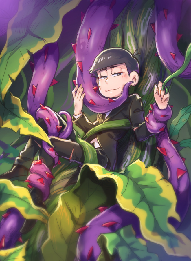10s 1boy black_eyes black_footwear black_hair black_jacket black_necktie black_pants bruise closed_mouth dobusu_(osomatsu-san) formal_clothes injury jacket jewelry leaf light_smile looking_at_viewer male_focus matsuno_karamatsu necktie osomatsu-kun osomatsu-san osomatsu_(series) pants plant restrained ring scratches shamo_g shirt shoes suit tentacles tentacles_on_male thorns torn_clothes torn_pants vines white_shirt