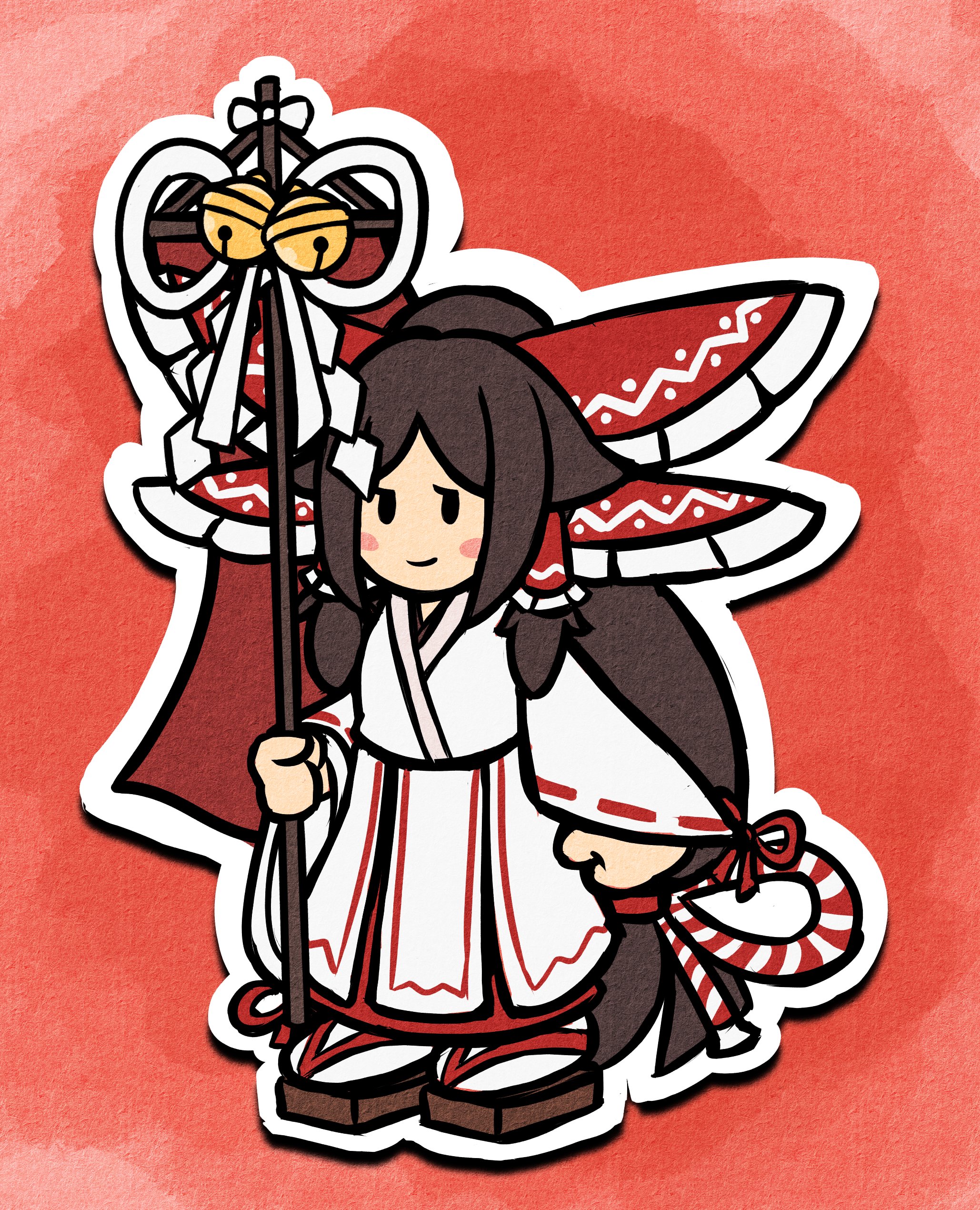 1girl absurdly_long_hair absurdres bell bow chihaya_(clothing) foul_detective_satori frilled_bow frilled_hair_tubes frills gensokyo's_first_hakurei_miko hair_bow hair_tubes highres holding huge_bow japanese_clothes jingle_bell long_hair long_sleeves mario_(series) mcsquiddies miko nintendo paper_mario ribbon-trimmed_sleeves ribbon_trim sandals touhou very_long_hair wide_sleeves