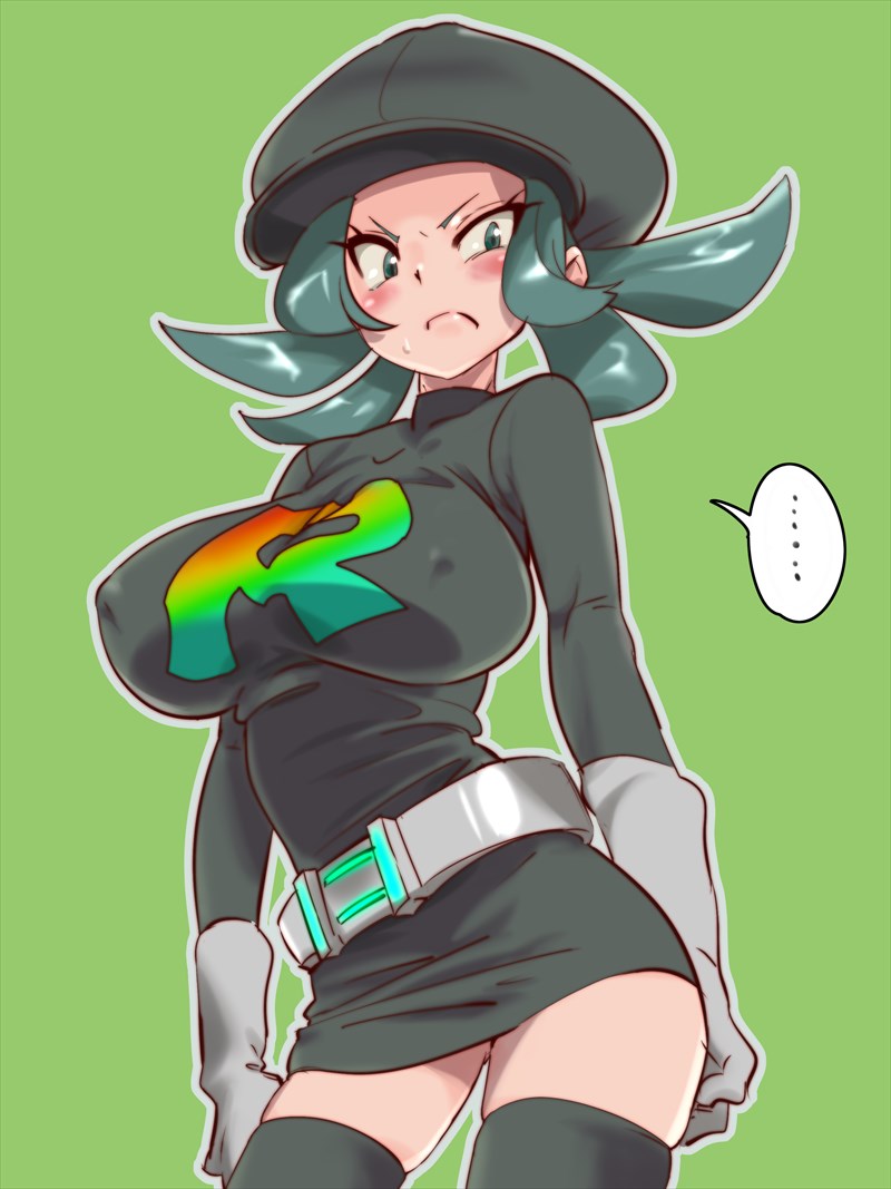 &gt;:( 1girl adapted_costume bad_id bad_pixiv_id belt blue_eyes blue_hair blush breasts newsboy_cap covered_erect_nipples dress female_focus gloves green_background half-closed_eyes hat large_breasts long_sleeves looking_at_viewer nintendo pokemon pokemon_usum simple_background skirt solo speech_bubble sweatdrop team_rainbow_rocket team_rainbow_rocket_grunt team_rainbow_rocket_uniform thighhighs thighs thought_bubble twintails v-shaped_eyebrows zaitsu zettai_ryouiki