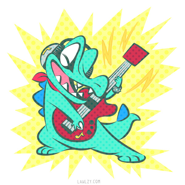 alternate_color closed_eyes commentary commission creature electric_guitar english_commentary full_body gen_2_pokemon guitar holding holding_instrument instrument music nintendo no_humans playing_instrument pokemon pokemon_(creature) shiny_pokemon solo standing totodile versiris