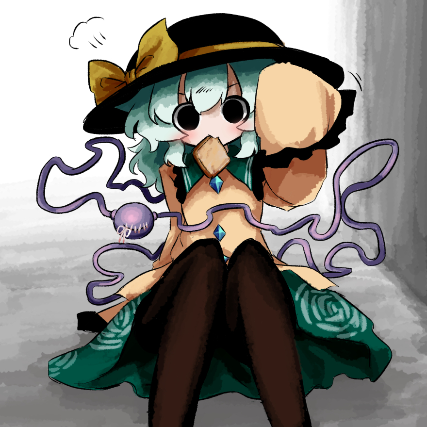 1girl black_eyes black_hat black_pantyhose blouse bow bread bread_slice buttons commentary_request diamond_button floral_print food food_in_mouth frilled_shirt_collar frilled_sleeves frills green_hair green_skirt hat hat_bow hat_ribbon heripantomorrow knees_up komeiji_koishi long_sleeves looking_at_viewer medium_hair mouth_hold pantyhose puff_of_air ribbon rose_print shirt sitting skirt sleeves_past_fingers sleeves_past_wrists solo third_eye toast toast_in_mouth touhou wide_sleeves yellow_bow yellow_ribbon yellow_shirt