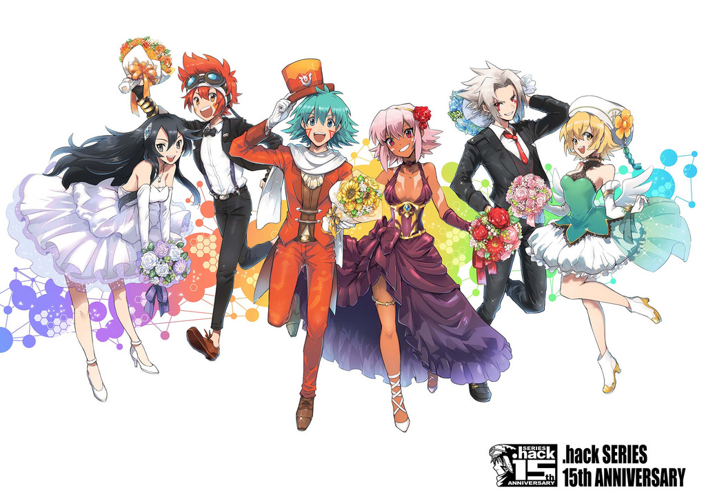 .hack// .hack//g.u. .hack//games .hack//link 3boys 3girls amagi_saika anniversary atoli bandai bare_shoulders belt black_hair black_rose_(.hack//) blue_eyes cyber_connect_2 dark_skin dress flower goggles hair_ornament hairclip happy haseo hat kite_(.hack//) kuryuu_tokio long_hair minamigahara multicolored_flower multicolored_rose multiple_boys multiple_girls official_art orange_hair pink_hair plaid_clothes plaid_skirt red_eyes red_hair ribbon rose school_uniform shoes short_hair simple_background skirt smile socks tattoo