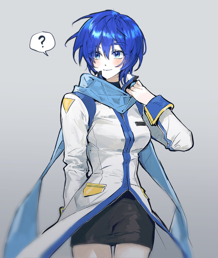 1girl ? adjusting_scarf black_skirt blue_eyes blue_hair blue_trim blurry blurry_foreground blush breasts buckto closed_mouth coat genderswap genderswap_(mtf) grey_background kaiko_(vocaloid) korean_commentary medium_breasts scarf short_hair simple_background skirt smile solo speech_bubble spoken_question_mark thighs vocaloid white_coat