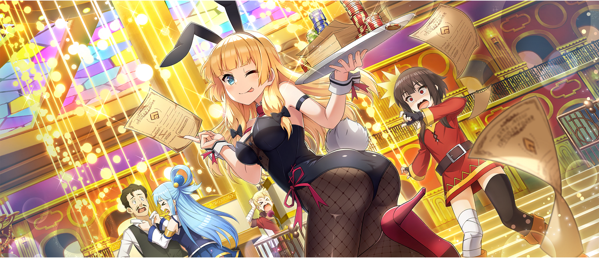 >_< 2boys 3girls ;p animal_ear_hairband animal_ears aqua_(konosuba) arm_strap armpit_crease ass bandaged_leg bandages bare_shoulders belt black_bow black_gloves black_leotard black_thighhighs blonde_hair blue_eyes blue_hair blue_shirt blue_skirt blunt_bangs bow breasts brochure brown_belt brown_hair casino cecily_(konosuba) clothing_cutout collar detached_collar dress dust_(konosuba) fake_animal_ears fake_tail fingerless_gloves fishnet_leotard fishnet_pantyhose fishnets from_below game_cg gloves hair_bow hair_rings hairband hands_up high_heels highres holding holding_paper holding_tray indoors kono_subarashii_sekai_ni_shukufuku_wo! konosuba!_fantastic_days large_breasts leg_up leotard long_hair looking_at_viewer low-tied_sidelocks megumin miniskirt multiple_boys multiple_girls neckerchief off-shoulder_dress off_shoulder official_alternate_costume official_art one_eye_closed open_mouth pantyhose paper playboy_bunny poker_chip pumps rabbit_ear_hairband rabbit_ears rabbit_tail red_dress red_eyes red_footwear red_neckerchief shaded_face shirt short_dress short_hair short_hair_with_long_locks sidelocks single_hair_ring single_thighhigh skirt sleeveless sleeveless_shirt standing standing_on_one_leg strapless strapless_leotard tail thighhighs thighs tongue tongue_out tray underboob_cutout v-shaped_eyebrows white_collar white_wrist_cuffs wide-eyed wrist_cuffs