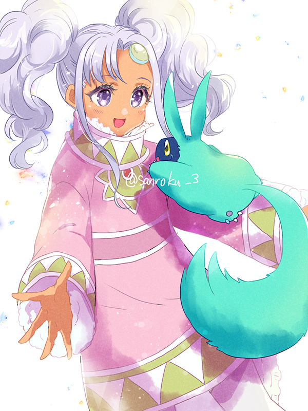 1girl aqua_fur asymmetrical_bangs coat cowboy_shot creature forehead_jewel grey_eyes grey_hair long_sleeves meredy_(tales) open_mouth outstretched_arms pantyhose pink_coat quickie_(tales) sanroku_3 smile tales_of_(series) tales_of_eternia twintails twitter_username upper_body wavy_hair white_background