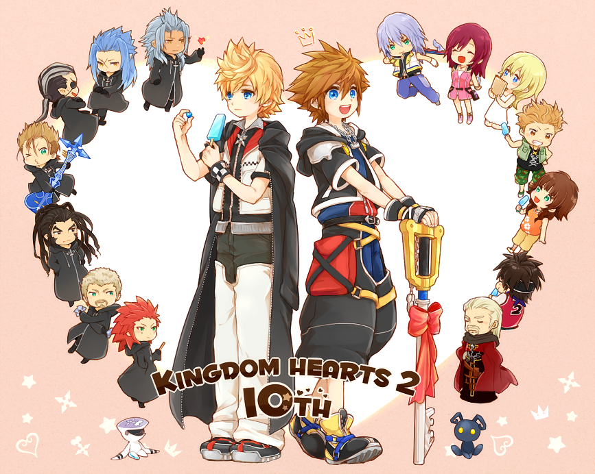 &gt;:) 4girls 6+boys anniversary ansem_the_wise arms_behind_back axel_(kingdom_hearts) black_coat black_coat_(kingdom_hearts) black_footwear black_gloves black_hair black_jacket black_pants black_robe black_shirt black_vest blonde_facial_hair blonde_hair blue_eyes blue_hair blue_pants brown_hair camouflage camouflage_pants cape card chain chain_necklace checkered_clothes chibi chibi_inset closed_eyes coat coat_on_shoulders commentary_request copyright_name cropped_jacket cross_scar dark-skinned_male dark_skin demyx dreadlocks dress everyone eyepatch facial_hair floating_crown floral_print food full-length_zipper full_body gloves green_vest grey_hair grin hair_slicked_back hand_up hands_up hayner heart heartless_(kingdom_hearts) holding holding_card holding_food holding_ice_cream holding_orb holding_sketchbook holding_weapon hood hood_down hooded_coat ice_cream ice_cream_bar instrument jacket jewelry kairi_(kingdom_hearts) keyblade kingdom_hearts kingdom_hearts_ii light_smile long_bangs long_coat long_hair long_sleeves looking_to_the_side luxord marble_(toy) multicolored_hair multicolored_pants multiple_boys multiple_girls music namine necklace nobody_(kingdom_hearts) olette open_clothes open_jacket open_mouth orange_eyes orange_tank_top organization_xiii over_shoulder pants parted_bangs pence pendant pink_background pink_dress planted planted_sword planted_weapon playing_instrument pointy_ears pouch puffy_pants red_cape red_hair red_ribbon red_shirt ribbon riku_(kingdom_hearts) robe roxas saix scar scar_on_face shirt shoes short_hair short_sleeves sitar sitting sketchbook sleeveless sleeveless_shirt smile sora_(kingdom_hearts) spiked_hair standing star_(symbol) streaked_hair sword tank_top thigh_pouch thigh_strap v-shaped_eyebrows very_short_hair vest wavy_hair weapon weapon_over_shoulder white_dress white_jacket white_vest wristband xaldin xemnas yellow_shoes yubon zipper