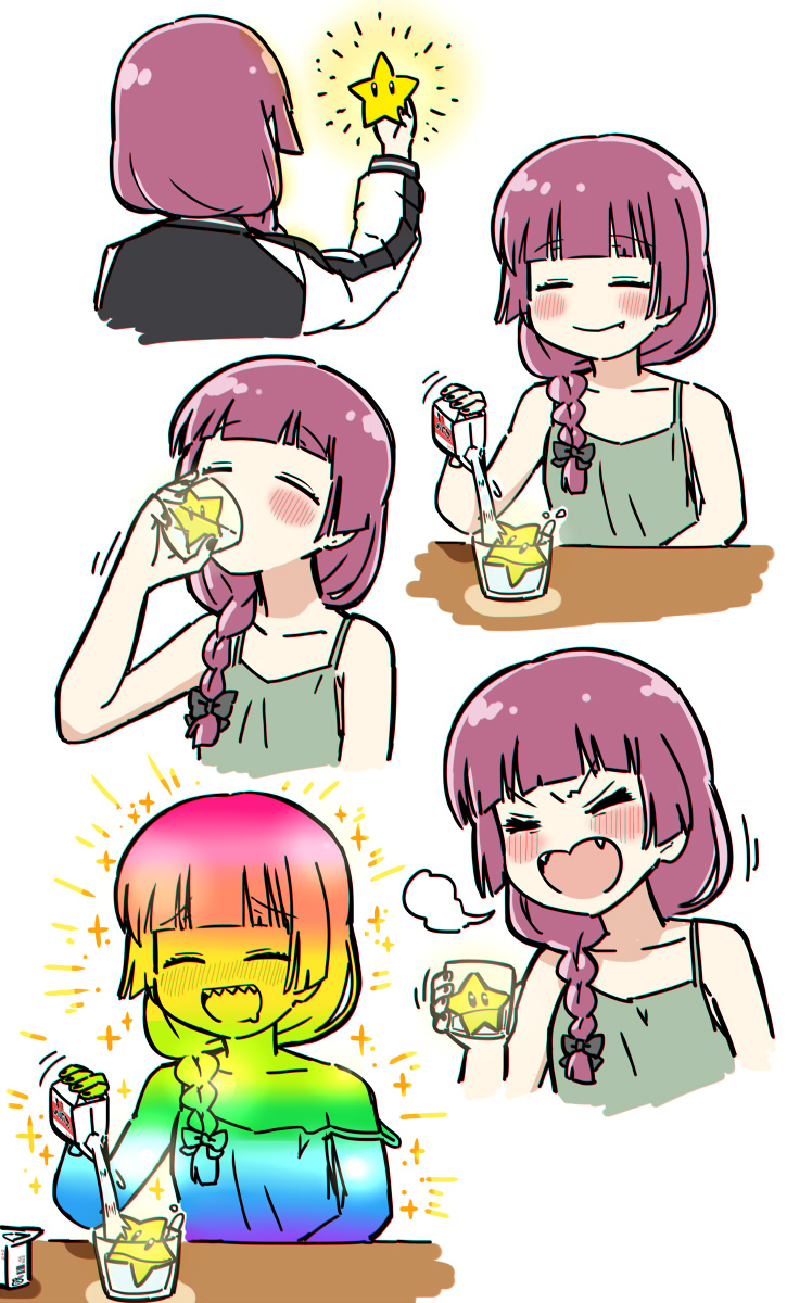 1girl :d alcohol alcohol_carton black_jacket blush bocchi_the_rock! braid carton closed_eyes cup dress drinking drooling drunk fang fangs green_dress highres hiroi_kikuri jacket long_hair mario_(series) mouth_drool multicolored_jacket multiple_views nintendo open_mouth pouring purple_hair rainbow sharp_teeth simple_background single_braid smile star_(symbol) super_star_(mario) teeth torako_(toramaru) two-tone_jacket white_background white_jacket