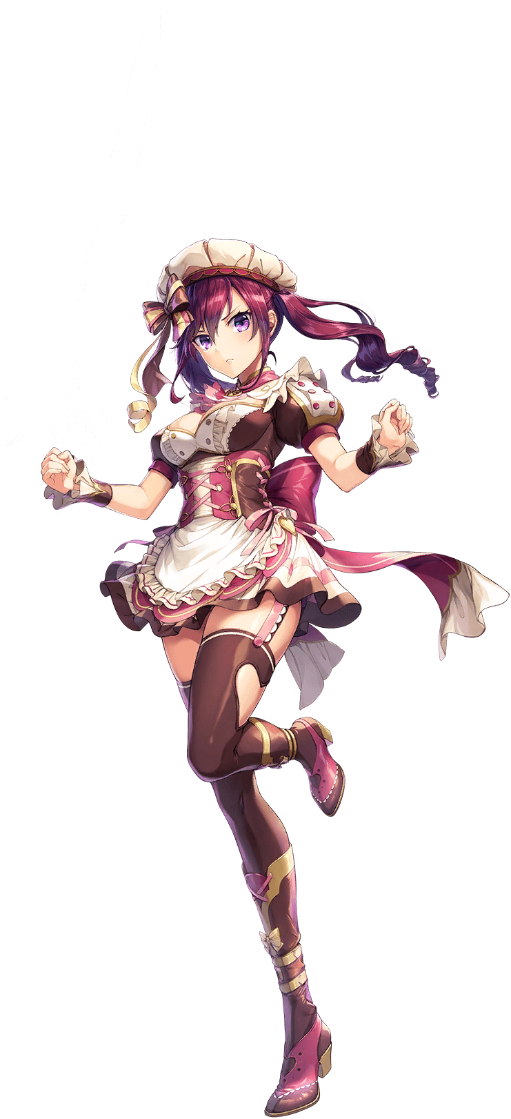 1girl artist_request bow breasts cleavage clenched_teeth clothing_cutout frills full_body game_cg garter_straps hair_bow heart_cutout high_heels highres official_alternate_costume official_art purple_eyes short_sleeves solo source_request standing standing_on_one_leg teeth transparent_background unitia wayne_(unitia)