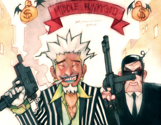 2boys banner black_jacket black_necktie blue_lips building cigarette closed_eyes closed_mouth collared_shirt commentary_request cyanporoco earrings eyebrow_piercing facial_hair frown goatee green_shirt grin gun holding holding_gun holding_weapon jacket jewelry korean_commentary long_sleeves mac-10/11 male_focus money_bag multiple_boys necktie original outdoors piercing shirt short_hair sky smile smoke smoking striped_clothes striped_jacket submachine_gun sunglasses thompson_submachine_gun upper_body weapon white_hair white_jacket white_shirt white_sky