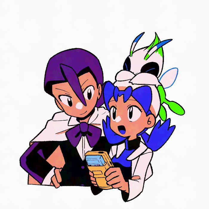1boy 1girl :d black_eyes black_jacket blue_hair bow bowtie buttons cape celebi closed_mouth commentary_request eusine_(pokemon) flipped_hair game_boy game_boy_color gen_2_pokemon hair_between_eyes handheld_game_console hat holding holding_handheld_game_console jacket kris_(pokemon) legendary_pokemon long_sleeves mythical_pokemon nintendo on_head open_clothes open_jacket open_mouth pokemon pokemon_(creature) pokemon_gsc pokemon_on_head purple_bow purple_bowtie purple_hair shirt smile twintails tyako_089 white_cape white_hat white_jacket white_shirt