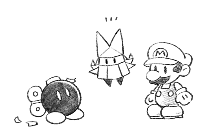 1boy 1girl big_nose bobby_(paper_mario) bomb buttons newsboy_cap commentary_request confetti dama8457 explosive facial_hair floating gloves greyscale hat long_hair looking_at_another mario mario_(series) monochrome mustache nintendo notice_lines olivia_(paper_mario) origami paper_mario paper_mario:_the_origami_king shirt shoes short_hair simple_background solid_oval_eyes standing white_background winding_key