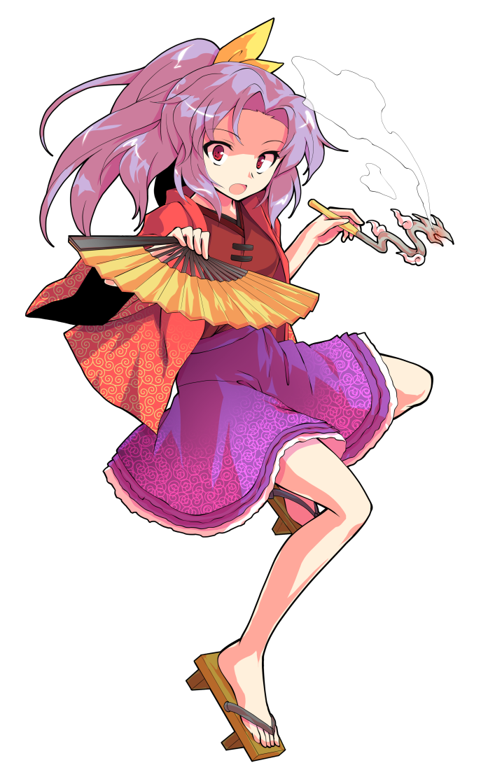 1girl dairi full_body geta hand_fan high_ponytail holding holding_fan holding_smoking_pipe japanese_clothes kimono komakusa_sannyo ponytail purple_hair purple_skirt red_kimono skirt smoking_pipe solo tachi-e touhou unconnected_marketeers