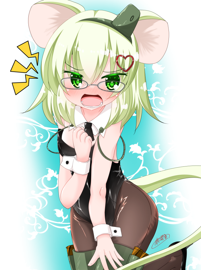 1girl animal_ears bare_shoulders black_leotard black_shoes blue_background blush breasts brown_pantyhose collar commentary_request detached_collar glasses gradient_background green_eyes green_hair green_hairband grey-framed_eyewear groin hair_between_eyes hair_ornament hairband heart heart_hair_ornament kanijiru leotard lightning_bolt_symbol looking_at_viewer medium_breasts military_vehicle motor_vehicle mouse_ears mouse_girl mouse_tail nose_blush open_mouth original pantyhose personification playboy_bunny shoes signature solo standing standing_on_one_leg t-34 tail tank white_background white_collar wing_collar wrist_cuffs