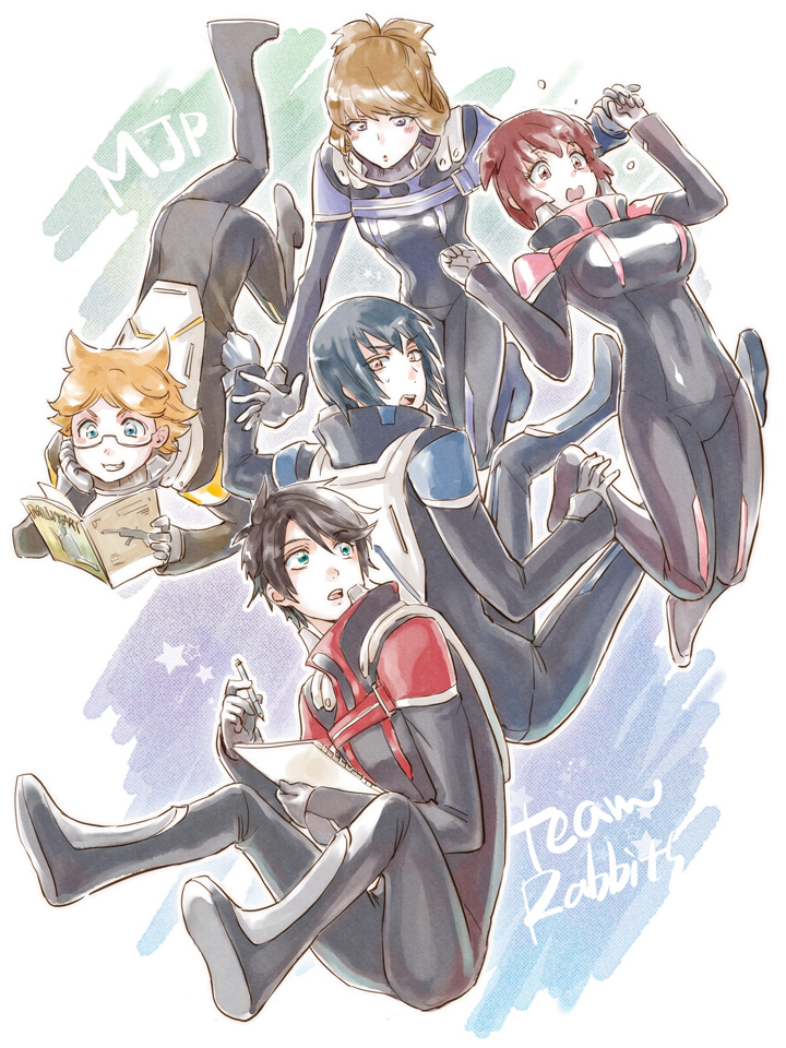 10s 2girls 3boys asagi_toshikazu bad_id bad_pixiv_id black_hair blue_hair blush bodysuit book brown_eyes glasses hitachi_izuru irie_tamaki kugimiya_kei long_hair majestic_prince multiple_boys multiple_girls open_mouth oseo purple_eyes red_eyes short_hair suruga_ataru
