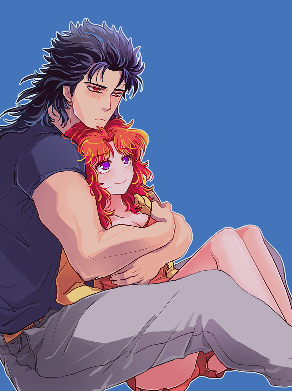 1boy 1girl bad_id bad_pixiv_id blue_hair blush breasts cleavage frown hetero highres hokuto_no_ken hug hug_from_behind mamiya_(hokuto_no_ken) mayuzumi medium_breasts muscular orange_eyes orange_hair outline purple_eyes rei_(hokuto_no_ken) shirt sitting size_difference smile t-shirt