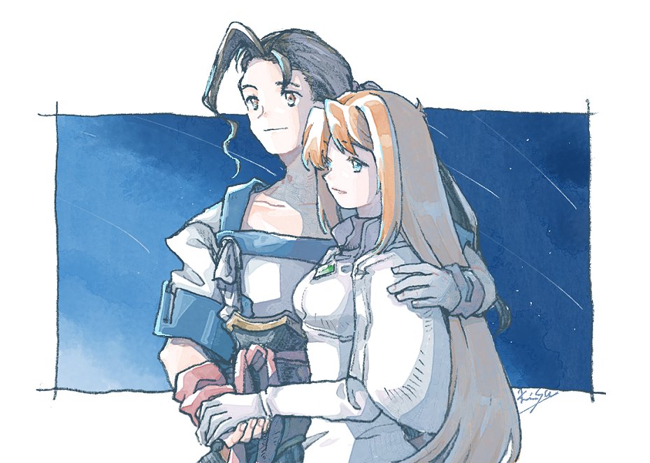 1boy 1girl blue_eyes border brown_eyes closed_mouth couple dress elhaym_van_houten fei_fong_wong hug long_hair looking_ahead michibata_65 night night_sky orange_hair outside_border shooting_star signature sky standing white_border white_dress xenogears