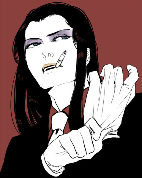 1boy adjusting_clothes adjusting_gloves androgynous bad_id bad_pixiv_id black_hair blue_eyes cigar eyeshadow formal_clothes gloves jack_barbarosa_bancoran lips long_hair makeup male_focus necktie patalliro! simple_background smoking solo upper_body white_gloves yachou