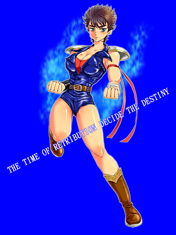 1girl armband aura belt black_hair blue_background blue_eyes boots breasts clenched_hands daikami_jirou english_text female_focus fighting_stance genderswap genderswap_(mtf) hokuto_no_ken hokuto_no_ken:_shinpan_no_sousousei_kengou_retsuden kenshiro scar short_hair shorts shoulder_pads solo