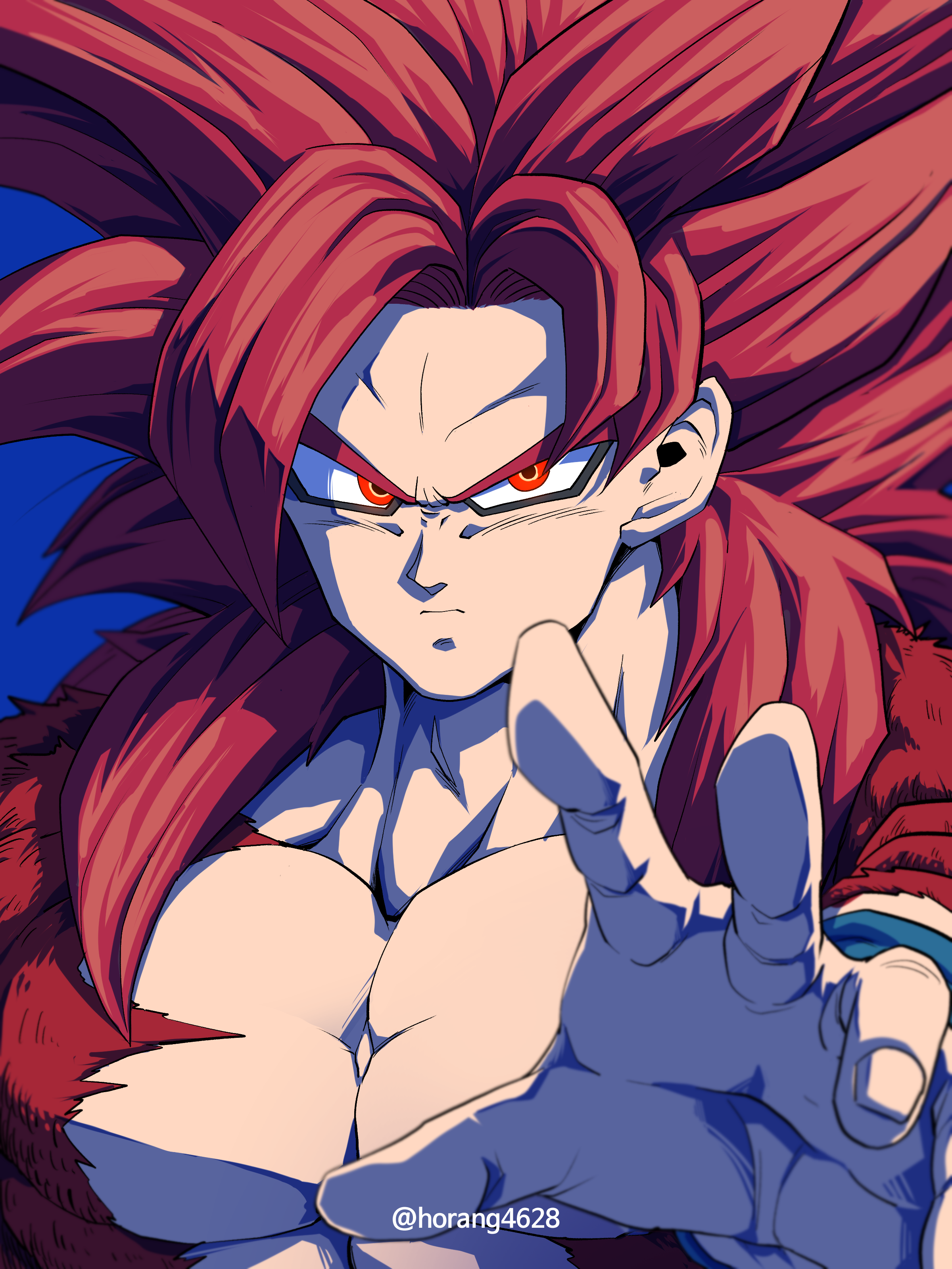 1boy absurdres artist_name blue_background close-up closed_mouth collarbone dragon_ball dragon_ball_daima facial_mark highres horang4628 looking_at_viewer male_focus pectorals reaching reaching_towards_viewer red_eyes red_fur red_hair solo son_goku super_saiyan super_saiyan_4 topless_male v-shaped_eyebrows wristband