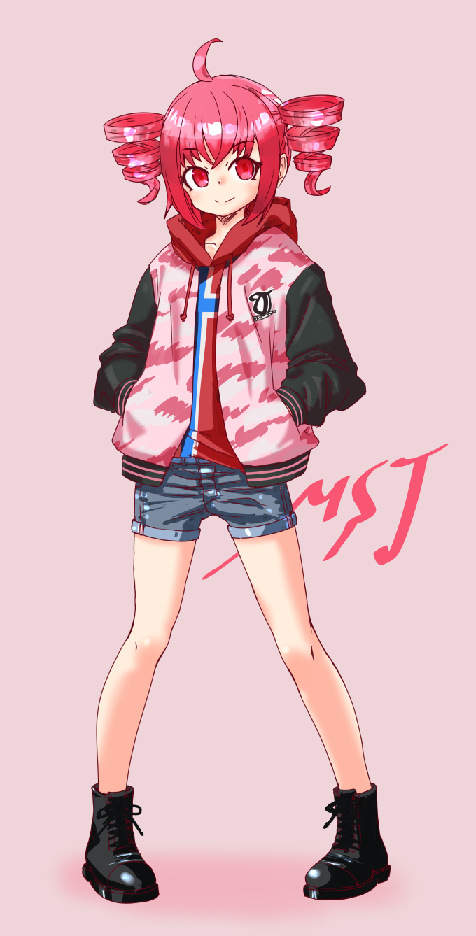 1girl ahoge black_boots black_sleeves blush boots denim denim_shorts drill_hair flat_chest grey_shorts hands_in_pockets highres jacket kasane_teto legs_apart official_alternate_costume open_clothes open_jacket pink_background pink_jacket project_diva_(series) project_diva_f_2nd red_eyes red_hair red_sweater short_shorts shorts smile solo standing sweater twin_drills yukihane_(snowowl515)