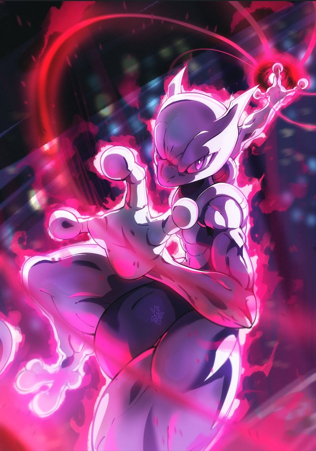 1other aura dutch_angle energy_ball fighting_stance gen_1_pokemon glowing legendary_pokemon mewtwo nintendo no_humans pokemon pokemon_(creature) pokemon_focus purple_eyes purple_theme solo vincent_graphic_art