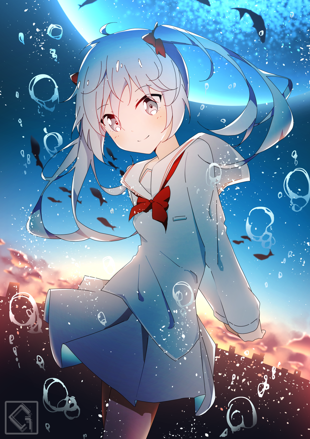 1girl arms_behind_back artist_logo blue_eyes blue_hair blue_shirt bubble cityscape cloud collar collared_shirt commentary cowboy_shot dutch_angle fish flying_fish giryu grey_skirt hair_ribbon hatsune_miku highres light_blue_hair light_blush logo long_hair looking_at_viewer midair miniskirt moon neck_ribbon night night_sky pleated_skirt red_ribbon ribbon sailor_collar school_of_fish shirt skirt sky smile solo standing tokenai_natsu_(vocaloid) twilight twintails vocaloid white_collar