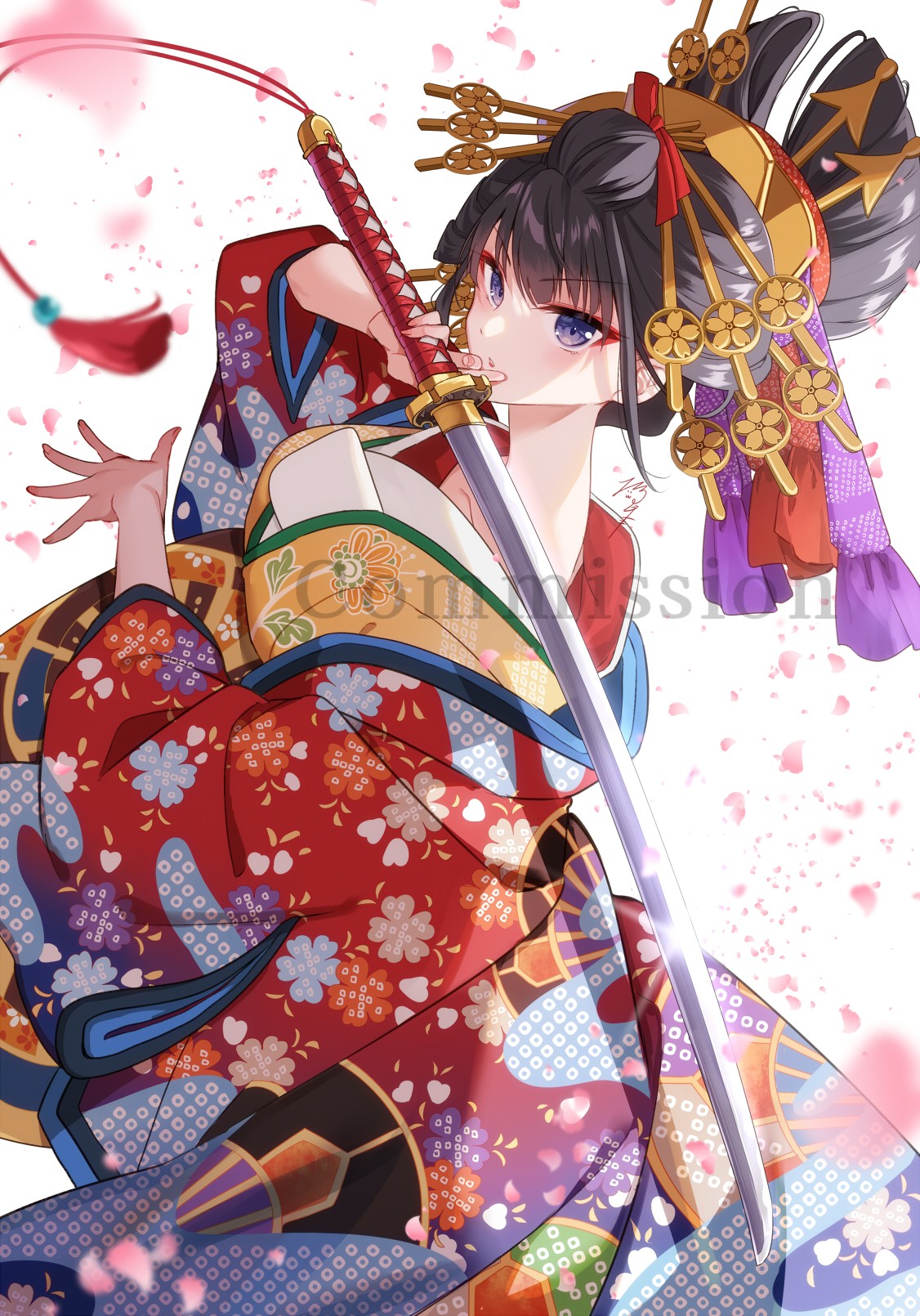 1girl black_hair commission floral_print hand_up highres holding holding_sword holding_weapon japanese_clothes katana kimono nekozuki_yuki oiran original parted_lips petals print_kimono purple_eyes red_kimono simple_background skeb_commission solo sword v-shaped_eyebrows watermark weapon white_background