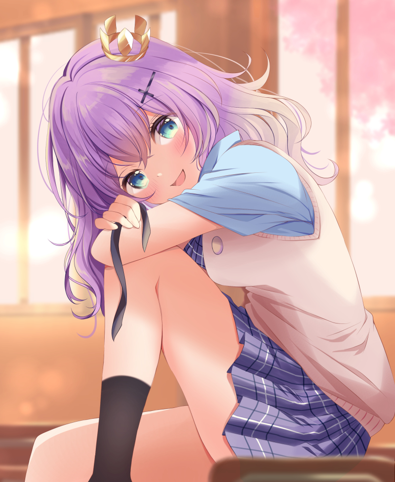 1girl :d azur_lane azur_lane:_slow_ahead black_socks blue_eyes blue_shirt blush breasts commentary_request cross_hair_ornament crossed_arms crown hair_ornament head_rest indoors javelin_(azur_lane) javelin_(slow_ahead!)_(azur_lane) leg_up long_hair looking_at_viewer medium_breasts mini_crown official_alternate_costume open_mouth plaid_clothes plaid_skirt pleated_skirt purple_hair purple_skirt sakura_(ichisakupink) school_uniform shirt short_sleeves sitting skirt smile socks solo sweater_vest white_sweater_vest