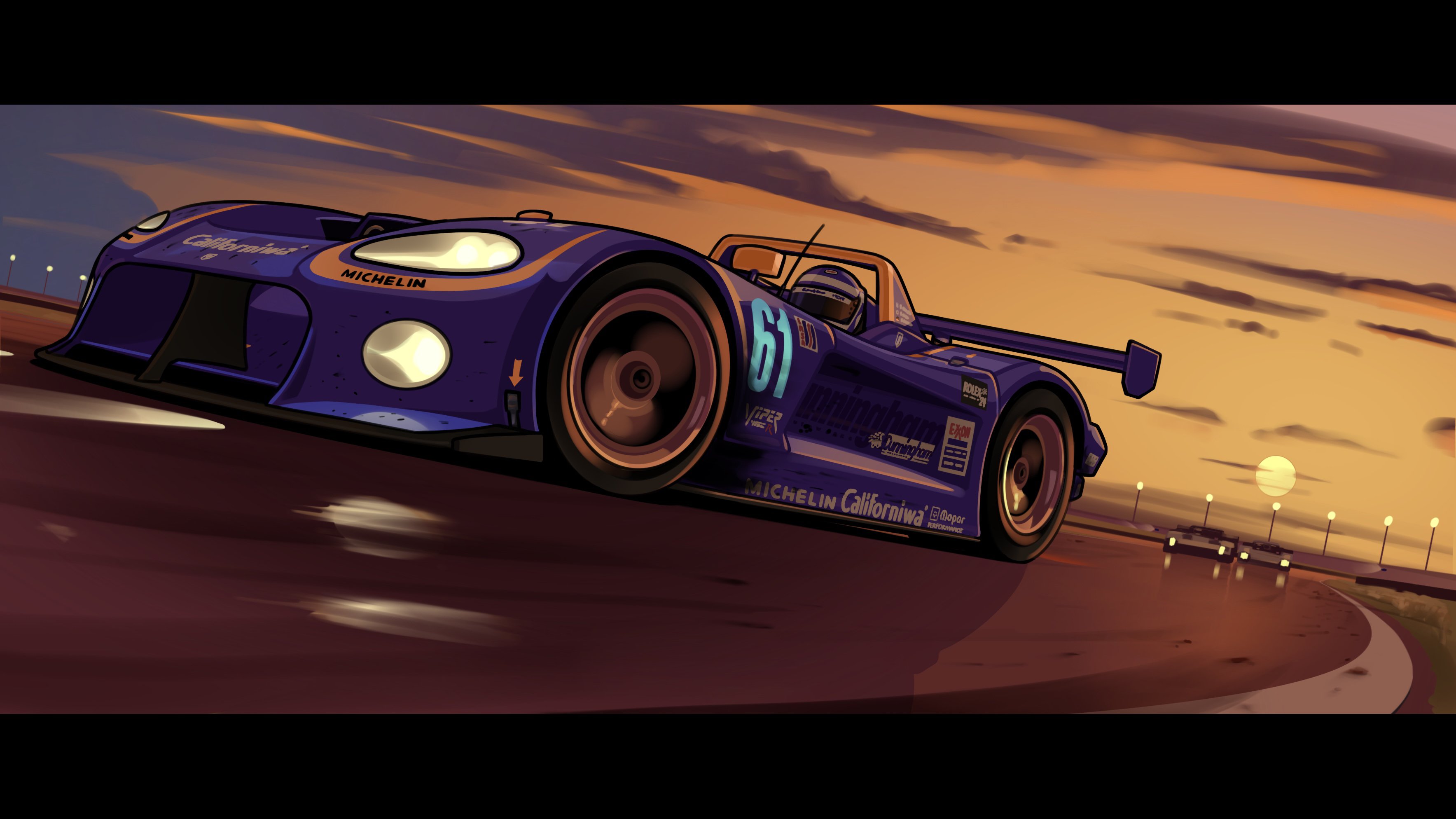1girl absurdres arhentol arrow_(symbol) car cloud daytona_international_speedway dodge_(company) dodge_viper helmet highres imsa_sportscar_championship le_mans_prototype letterboxed michelin motion_blur motor_vehicle original race_vehicle racecar racetrack radio_antenna raelyn_cunningham_(arhentol) shadow sky spoiler_(automobile) sun sunset