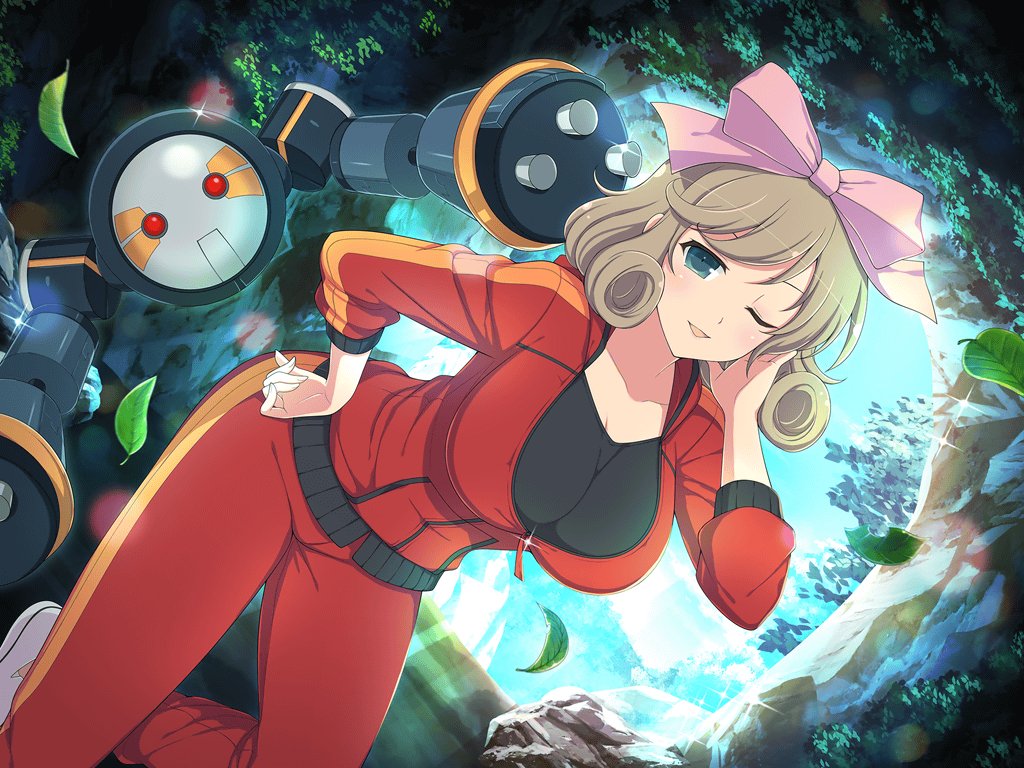 1girl black_sports_bra blush bow breasts chemicals cleavage collarbone curly_hair falling_leaves forest green_eyes hair_bow hand_on_own_cheek hand_on_own_face hand_on_own_hip haruka_(senran_kagura) jacket joints large_breasts leaf light_brown_hair looking_at_viewer mountain mountainous_horizon multicolored_jacket nature non-humanoid_robot official_alternate_costume official_art one_eye_closed open_mouth pants parted_lips pink_bow red_eyes red_jacket red_pants red_track_suit robot robot_joints senran_kagura senran_kagura_new_link senran_kagura_shoujo-tachi_no_shin&#039;ei short_hair smile solo sparkle sports_bra striped_clothes striped_jacket track_jacket track_pants track_suit two-tone_jacket white_footwear yaegashi_nan