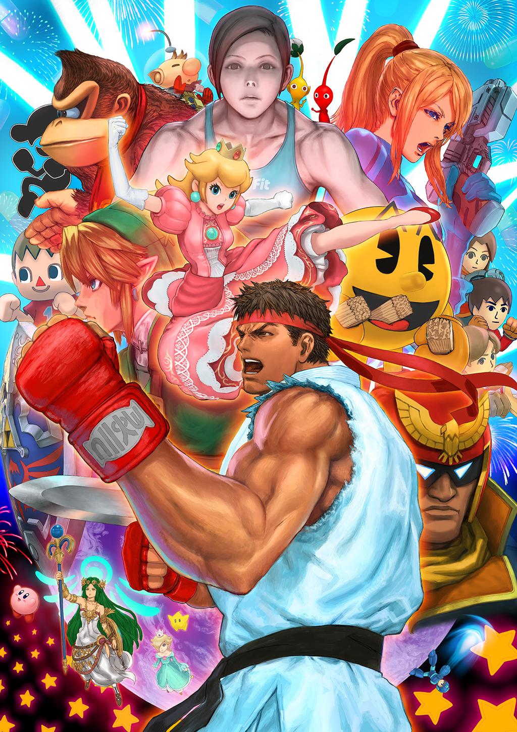 1990s_(style) 6+boys 6+girls alien animal_crossing arm_cannon beam biceps boxing_gloves captain_falcon captain_olimar crown donkey_kong donkey_kong_(series) dress earrings earth_(planet) elbow_gloves everyone f-zero fighting_stance fireworks game_&amp;_watch gloves glowing glowing_eyes gun headband helmet highres jewelry kicking kid_icarus kirby kirby_(series) link mario_(series) mega_man_(character) mega_man_(classic) mega_man_(series) metroid mii_(nintendo) mii_brawler mii_gunner mii_swordfighter mr._game_&amp;_watch multiple_boys multiple_girls muscular necktie nintendo official_art olimar pac-man pac-man_(game) palutena parody pikmin_(creature) pikmin_(series) planet pointy_ears princess_peach red_pikmin retro_artstyle rosalina ryu_(street_fighter) samus_aran shield spacesuit staff star_(symbol) street_fighter street_fighter_ii_(series) super_mario_bros._1 super_mario_galaxy super_smash_bros. sword the_legend_of_zelda toned villager_(animal_crossing) weapon white_gloves wii_fit wii_fit_trainer wii_fit_trainer_(female) yasuda_akira yellow_pikmin