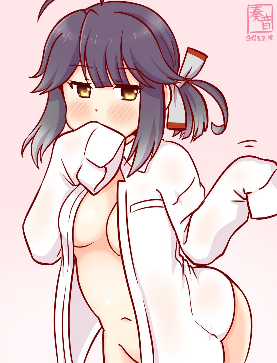 1girl ahoge artist_logo breasts collared_shirt commentary_request cowboy_shot dated dress_shirt gradient_background hayanami_(kancolle) kanon_(kurogane_knights) kantai_collection logo long_sleeves medium_breasts naked_shirt navel open_clothes open_shirt pink_background ribbon shirt short_hair side_ponytail sleeves_past_fingers sleeves_past_wrists smelling solo white_ribbon white_shirt yellow_eyes