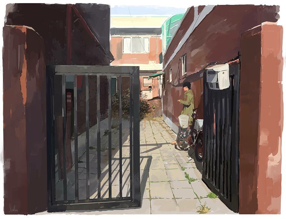 1boy apartment bicycle bicycle_basket building bush entrance gate original outdoors shadow slow_d solo sunlight tile_floor tiles window