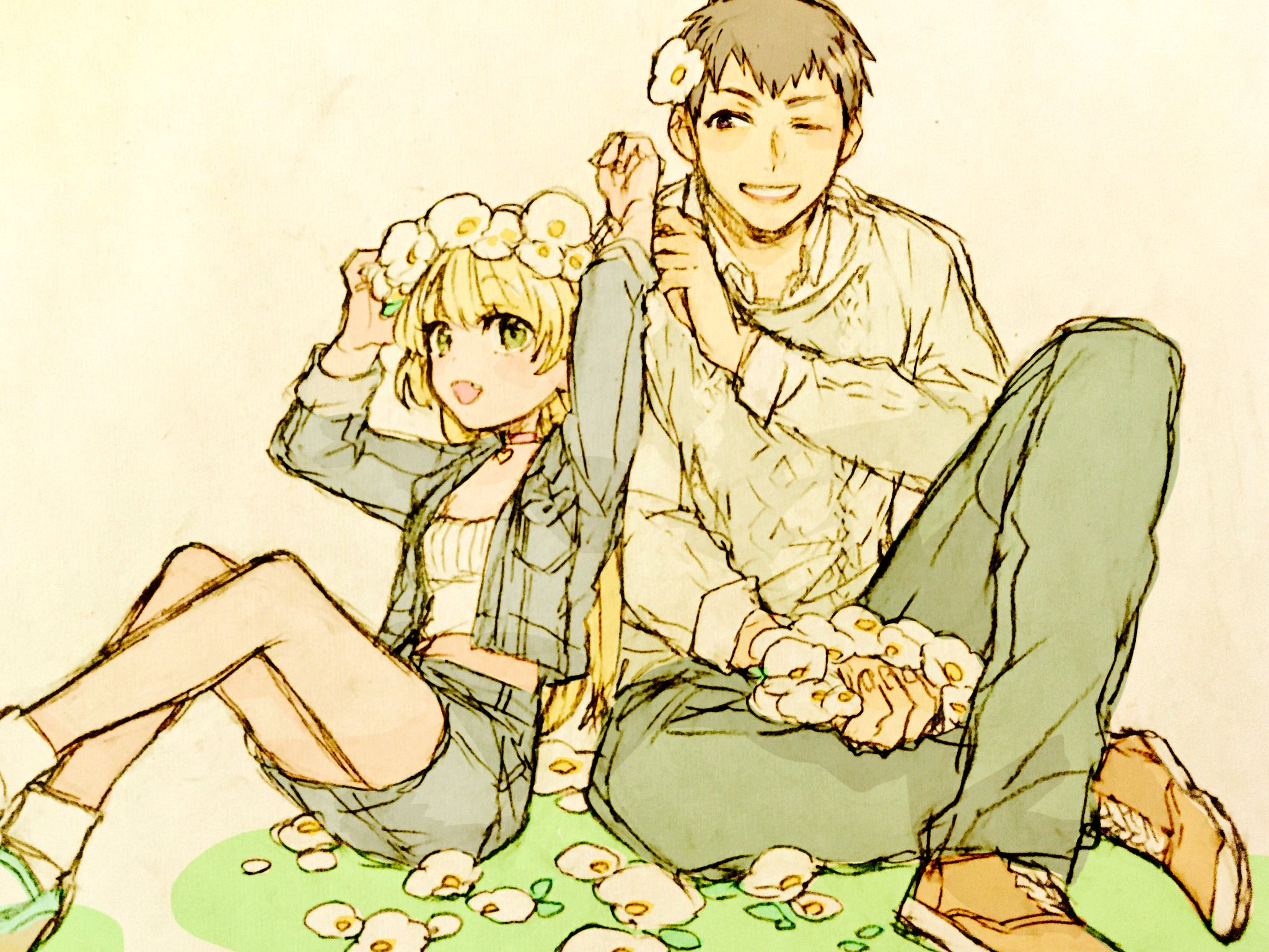 1boy 1girl blonde_hair flower flower_wreath gacho_p grey_hair hair_flower hair_ornament head_wreath highres holding holding_flower idolmaster idolmaster_cinderella_girls jacket jougasaki_rika long_hair one_eye_closed open_clothes open_jacket shingen_seiji shoes sitting sketch skirt smile sneakers sweater