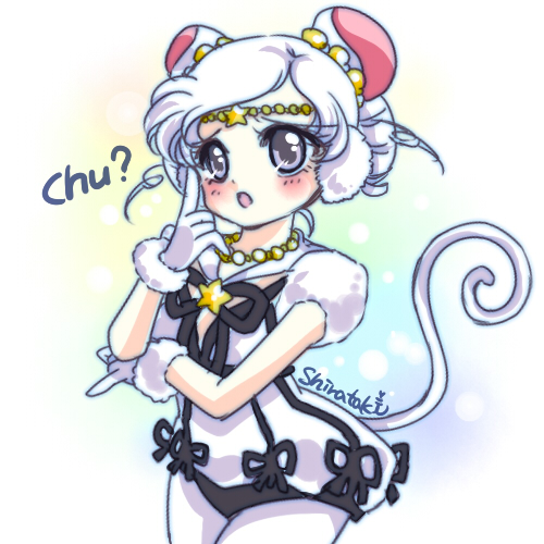 1990s_(style) 1girl :o animal_ears bishoujo_senshi_sailor_moon bishoujo_senshi_sailor_moon_sailor_stars bishoujo_senshi_sailor_moon_stars blush brooch circlet cowboy_shot ear_covers female_focus gloves grey_eyes jewelry lowres magical_girl mouse_ears mouse_tail pantyhose retro_artstyle sailor_iron_mouse shirataki_kaiseki short_hair short_twintails signature solo star_brooch tail twintails white_gloves white_hair white_pantyhose