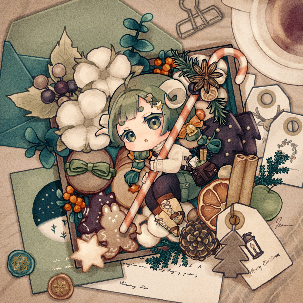 1girl :o ahoge apple bag black_pantyhose blush bow candy candy_cane chibi cinnamon_stick coffee cookie cotton_(plant) cup dried_fruit eyelashes flower food fruit green_apple green_bow green_hair green_shorts hair_ornament hairclip holding holding_candy holding_candy_cane holding_food horns letter long_hair long_sleeves looking_afar lying messenger_bag on_side open_mouth orange_(fruit) orange_slice original pantyhose plate sheep_girl sheep_horns shoes short_eyebrows shorts shoulder_bag solo square taruchi_sucre wax_seal