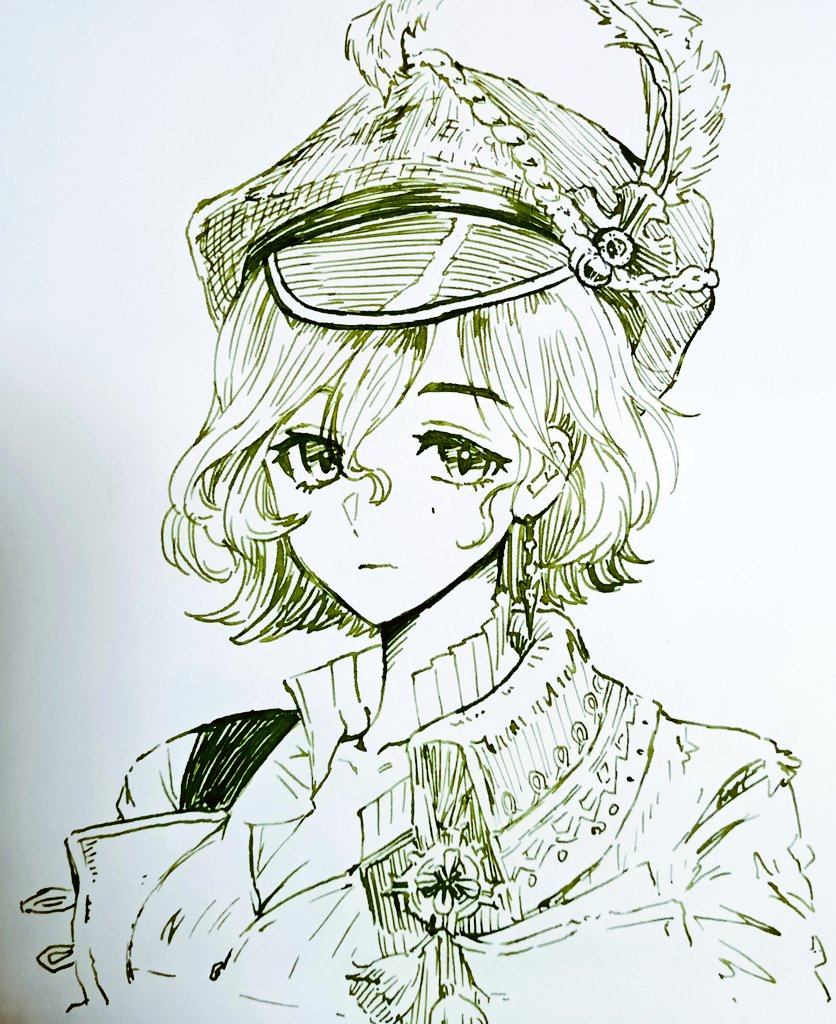 1girl earrings hair_between_eyes hat hat_feather jewelry looking_at_viewer mole mole_under_eye monochrome newsboy_cap ohuman open_clothes open_vest pen_(medium) portrait recoleta_(reverse:1999) reverse:1999 shirt short_hair side_cape solo traditional_media vest