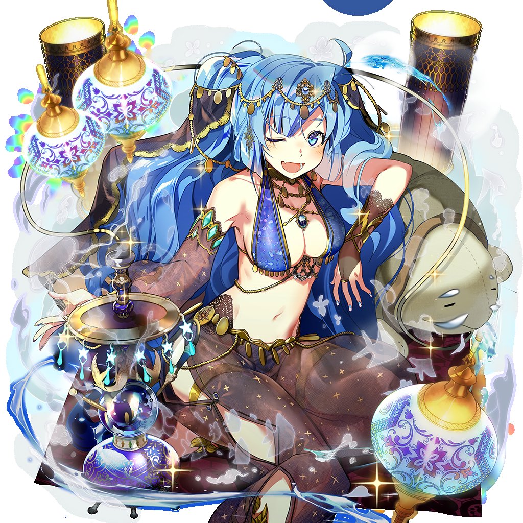 1girl arabian_clothes blue_eyes blue_hair breasts brown_gloves circlet fingerless_gloves gloves hookah large_breasts long_hair nail_polish navel open_mouth poseidon_(uchihime) rowe side_ponytail teeth uchi_no_hime-sama_ga_ichiban_kawaii