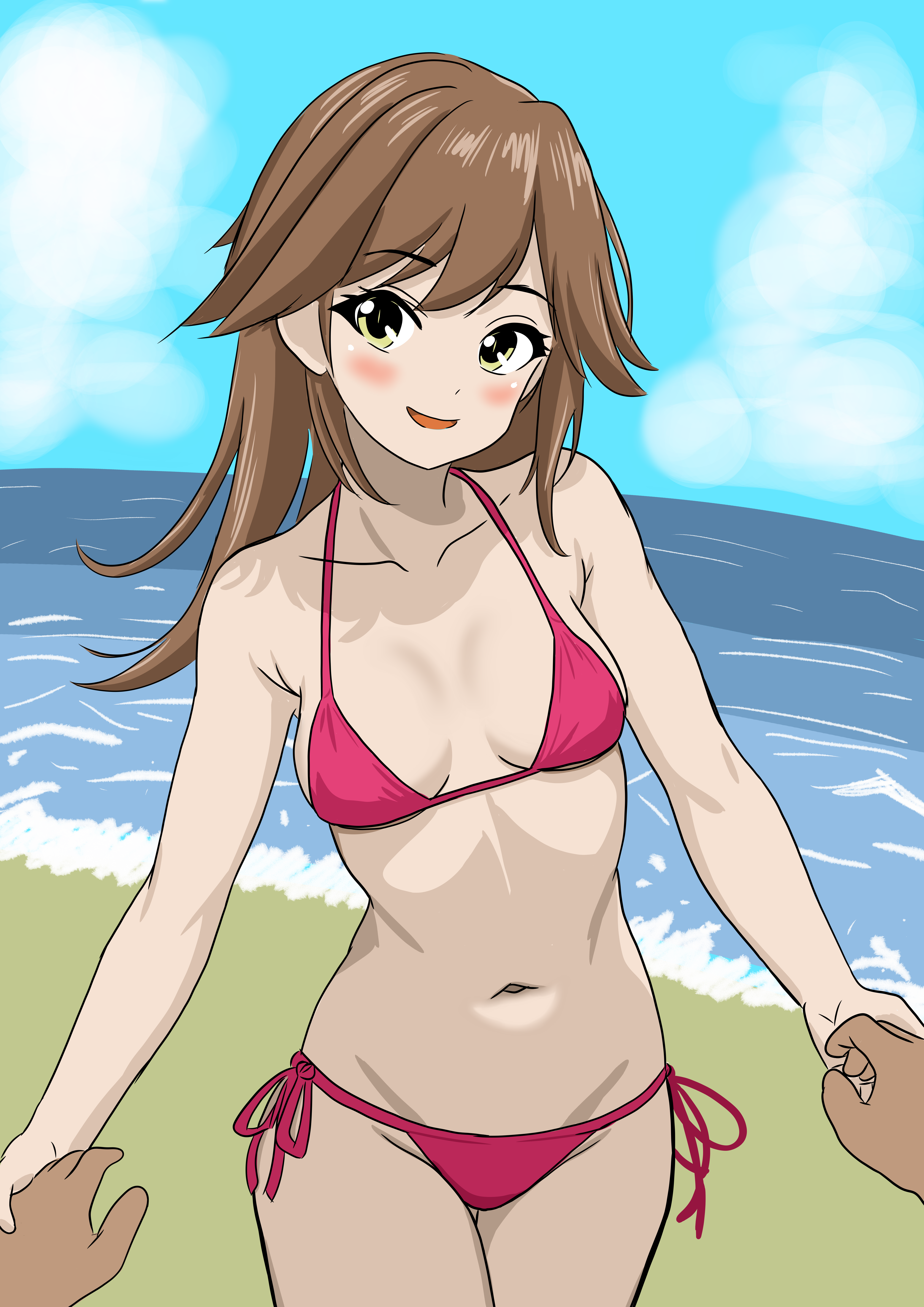 1girl 1other absurdres arashio_(kancolle) beach bikini blue_sky bone_namu(namu49850) breasts brown_eyes brown_hair cloud commentary_request day highres holding_hands horizon kantai_collection long_hair ocean outdoors pink_bikini pov pov_hands side-tie_bikini_bottom sky small_breasts solo_focus swimsuit