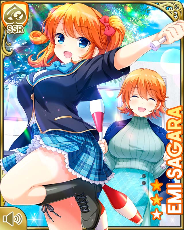 2girls :d bag bench blue_bow blue_dress blue_eyes blue_sweater boots bow bowtie character_name closed_eyes dress earrings girlfriend_(kari) hair_bow hair_ribbon holding jewelry juggling_club medium_hair mother_and_daughter multiple_girls official_art open_mouth orange_hair plaid_clothes plaid_skirt pleated_skirt qp:flapper red_bow ribbon sagara_emi school_uniform short_hair skirt smile standing standing_on_one_leg sweater tagme two_side_up wooden_bench