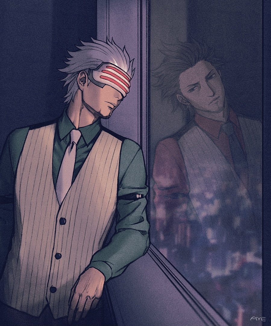 1boy ace_attorney amemomism arm_support artist_name beard black_necktie brown_hair closed_mouth collared_shirt diego_armando different_reflection earrings facial_hair facing_to_the_side godot_(ace_attorney) green_shirt jewelry long_sleeves looking_at_another male_focus mature_male necktie night phoenix_wright:_ace_attorney_-_trials_and_tribulations red_shirt reflection shirt short_hair spoilers standing vest white_hair white_necktie white_vest window