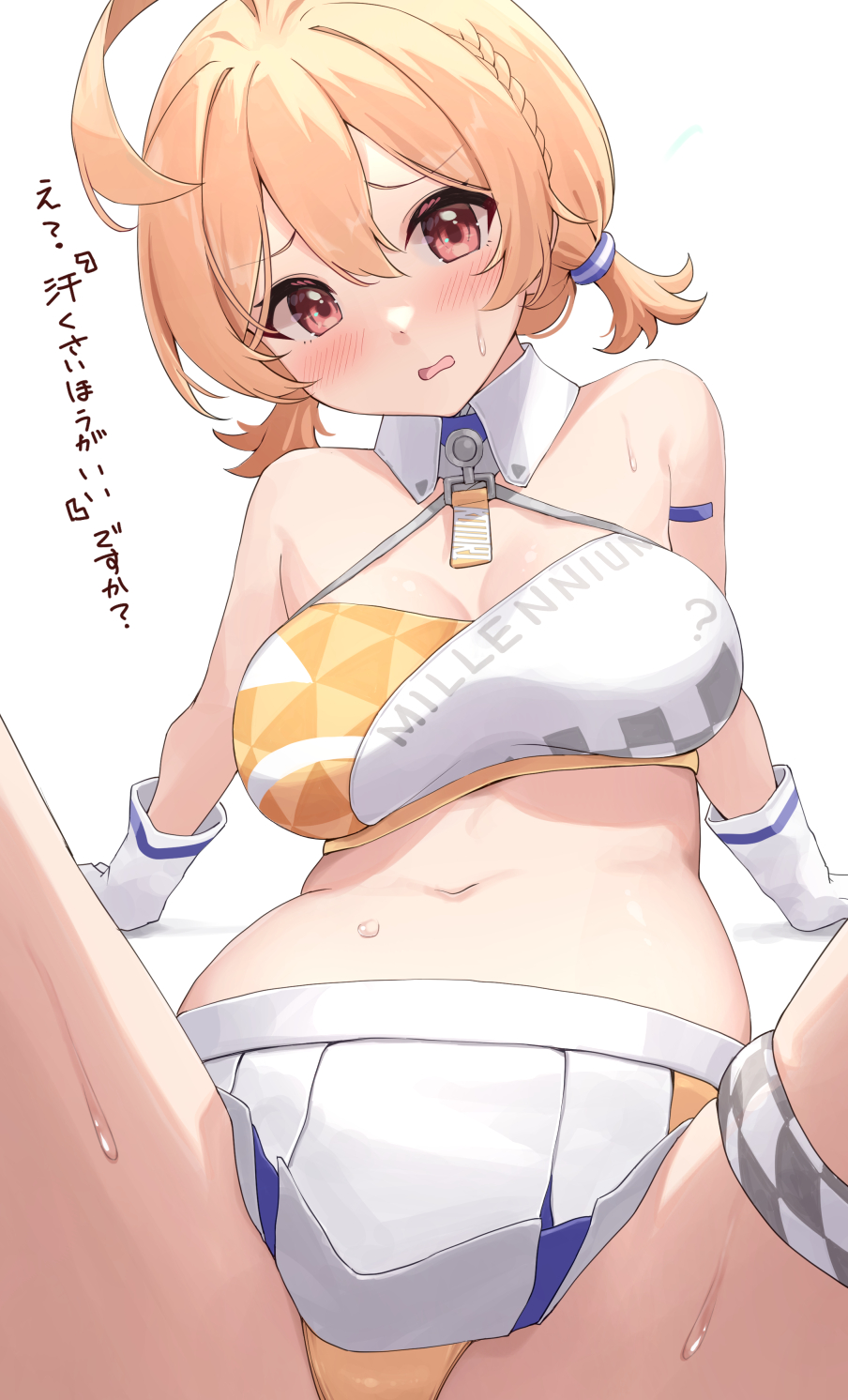 1girl ahoge akasaki_koyo arm_support bare_shoulders blonde_hair blue_archive blush braid breasts character_name commentary_request detached_collar double-parted_bangs foreshortening frown furrowed_brow gloves hair_between_eyes head_tilt highres huge_ahoge kotori_(blue_archive) kotori_(cheer_squad)_(blue_archive) large_breasts leaning_back looking_at_viewer low_twintails medium_hair millennium_cheerleader_outfit_(blue_archive) miniskirt name_tag navel official_alternate_costume official_alternate_hairstyle open_mouth panties pleated_skirt red_eyes short_twintails side_braid simple_background sitting skirt solo sports_bra spread_legs stomach sweat tareme thigh_strap translation_request twintails underwear white_background white_gloves white_skirt yellow_panties