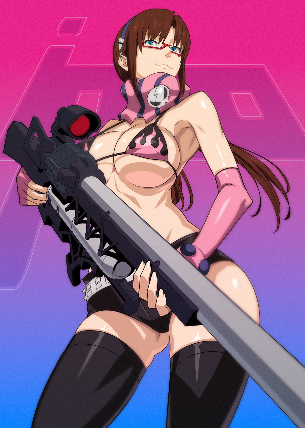1girl belt bikini bikini_top_only breasts brown_hair cosplay elbow_gloves flame_print glasses gloves gluteal_fold gun hairband highres holding holding_gun holding_weapon ippo large_breasts long_hair makinami_mari_illustrious neon_genesis_evangelion red-framed_eyewear rifle short_shorts shorts sidelocks smile sniper_rifle swimsuit tengen_toppa_gurren_lagann thighhighs twintails weapon yoko_littner yoko_littner_(cosplay)