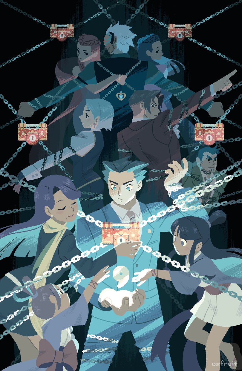 4boys 6+girls ace_attorney black_hair blue_eyes blue_hair bow camera capcom chain chained collared_shirt cousins dahlia_hawthorne dick_gumshoe facial_hair formal_clothes franziska_von_karma grey_hair hans_tseng highres holding iris_(ace_attorney) jacket japanese_clothes jewelry kimono long_hair long_sleeves maya_fey mia_fey miles_edgeworth multiple_boys multiple_girls necklace necktie pants pearl_fey phoenix_wright phoenix_wright:_ace_attorney phoenix_wright:_ace_attorney_-_justice_for_all phoenix_wright:_ace_attorney_-_trials_and_tribulations psyche-lock psychic scarf shirt short_hair siblings sisters smile spirit suit vest white_hair white_shirt